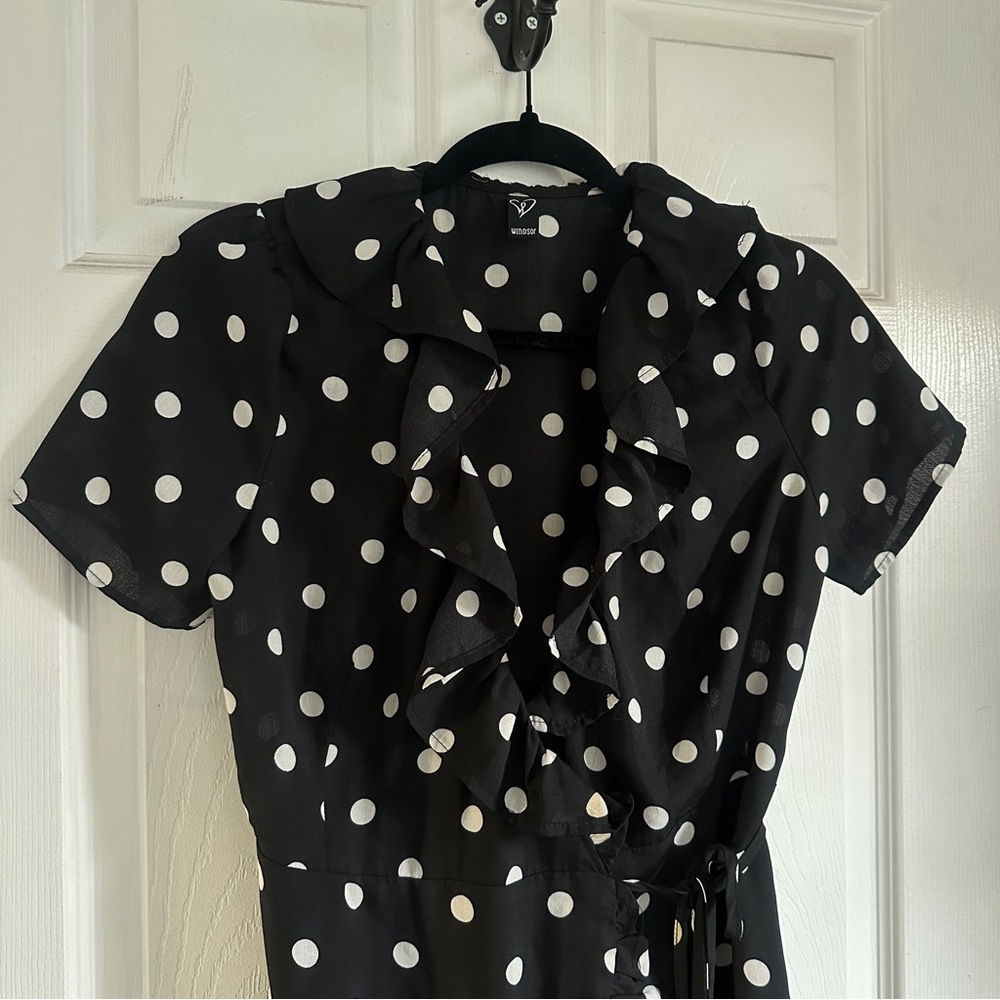 Black Ruffled Polka Dot Wrap Mini Dress